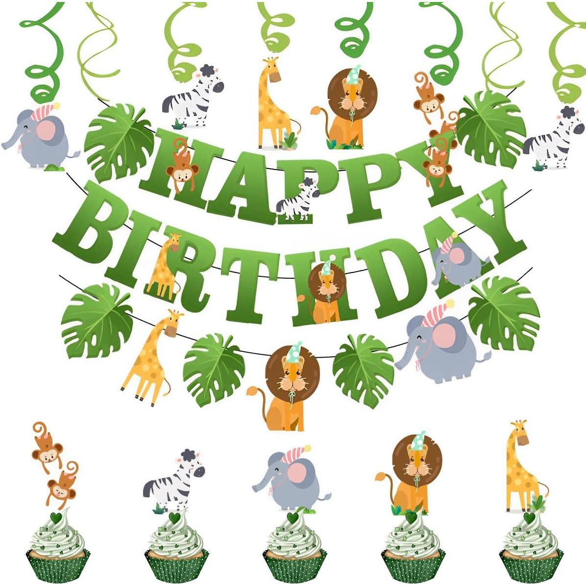 Banner Happy Birthday 100x200 cm, Flippy, Rola de Ata Inclusa, Tematica Jungle, Verde [6]
