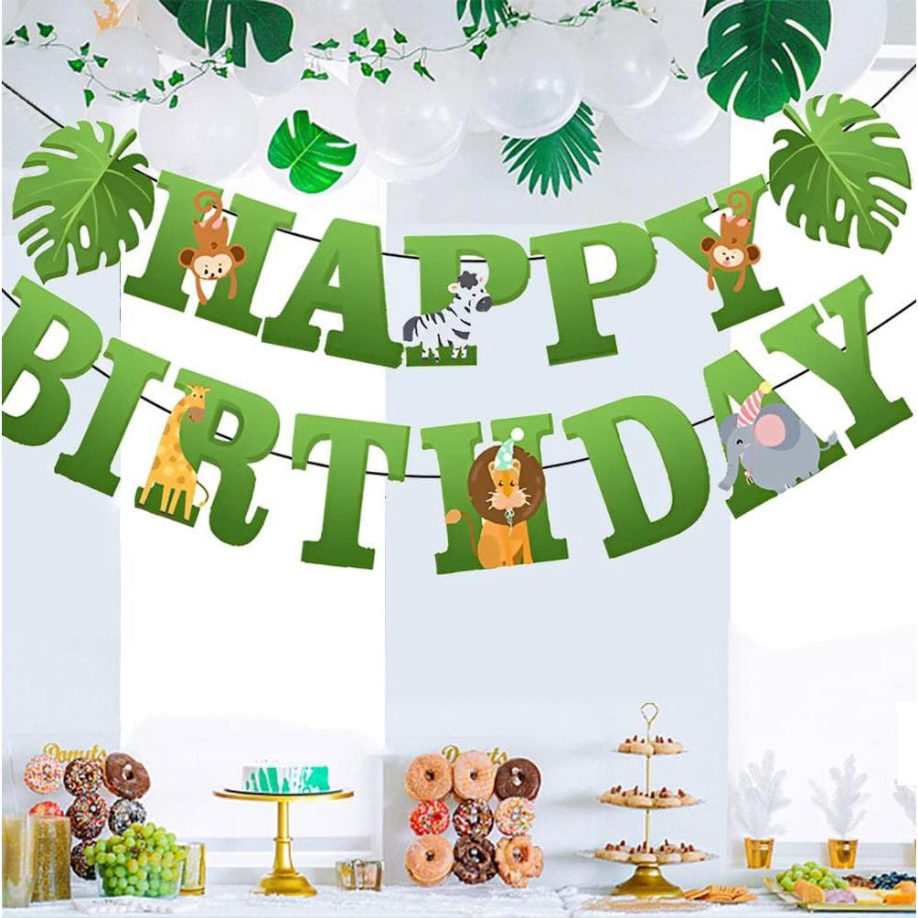 Banner Happy Birthday 100x200 cm, Flippy, Rola de Ata Inclusa, Tematica Jungle, Verde [3]