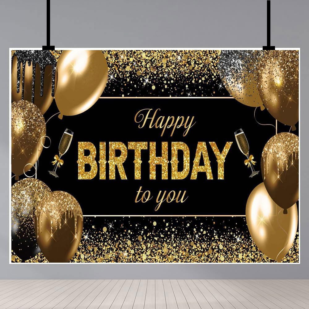 Banner Tip Fundal pentru Poze, Flippy, din Panza, 185 x 110 cm, Sfoara 6 m, Prindere in 4 Colturi, Happy Birthday to You, Negru/Auriu [4]