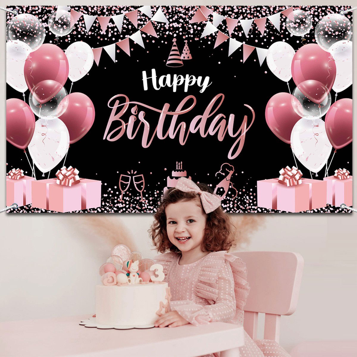 Banner Tip Fundal pentru Poze, Flippy, din Panza, 185 x 110 cm, Sfoara 6 m, Prindere in 4 Colturi, Negru/Roz [5]