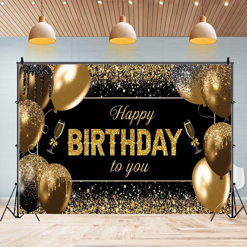 Banner Tip Fundal pentru Poze, Flippy, din Panza, 185 x 110 cm, Sfoara 6 m, Prindere in 4 Colturi, Happy Birthday to You, Negru/Auriu [3]