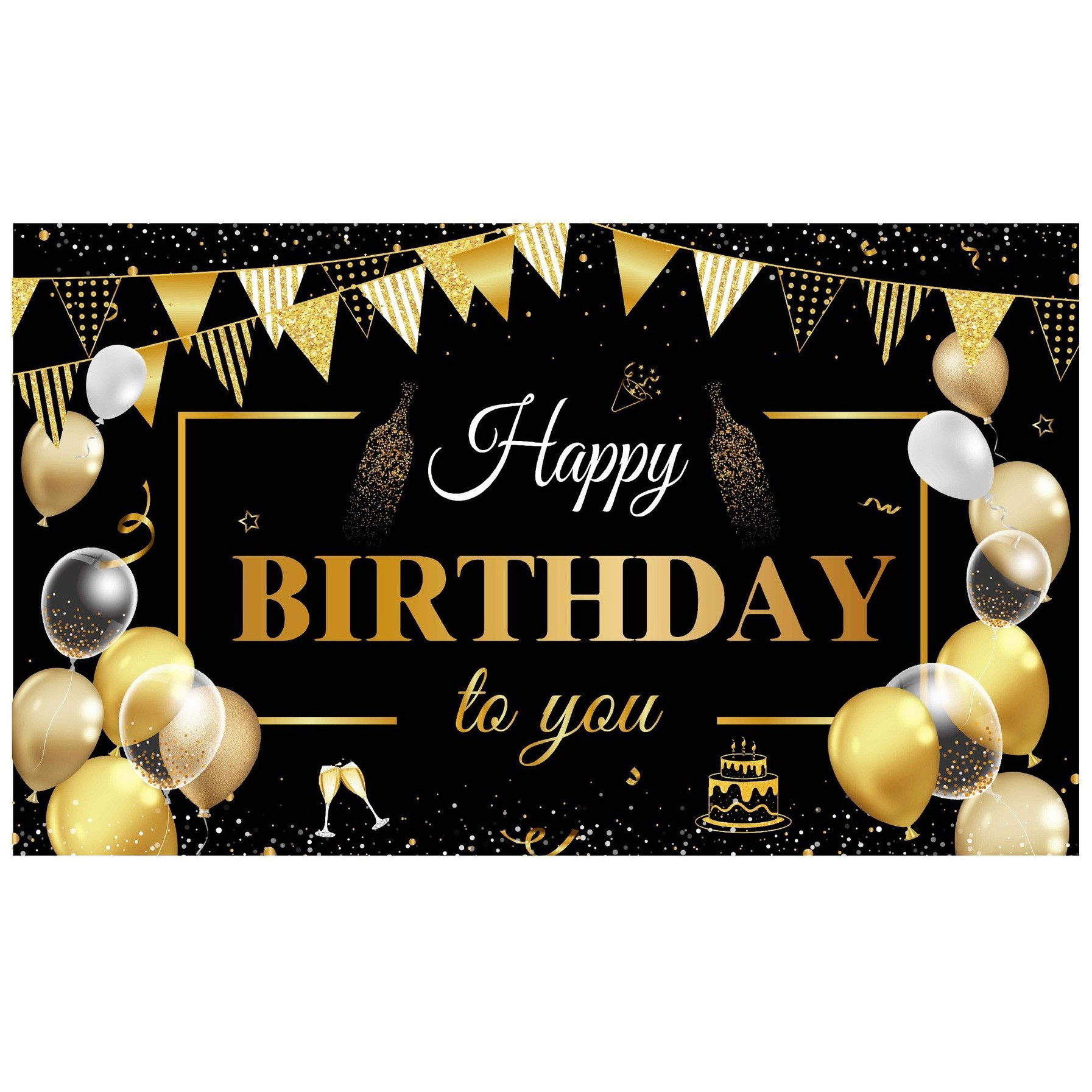 Petrecere - Banner Tip Fundal pentru Poze, Flippy, din Panza, Model Happy Birthday to You, 185 x 110 cm, Sfoara 6 m, Prindere in 4 Colturi, Negru/Auriu