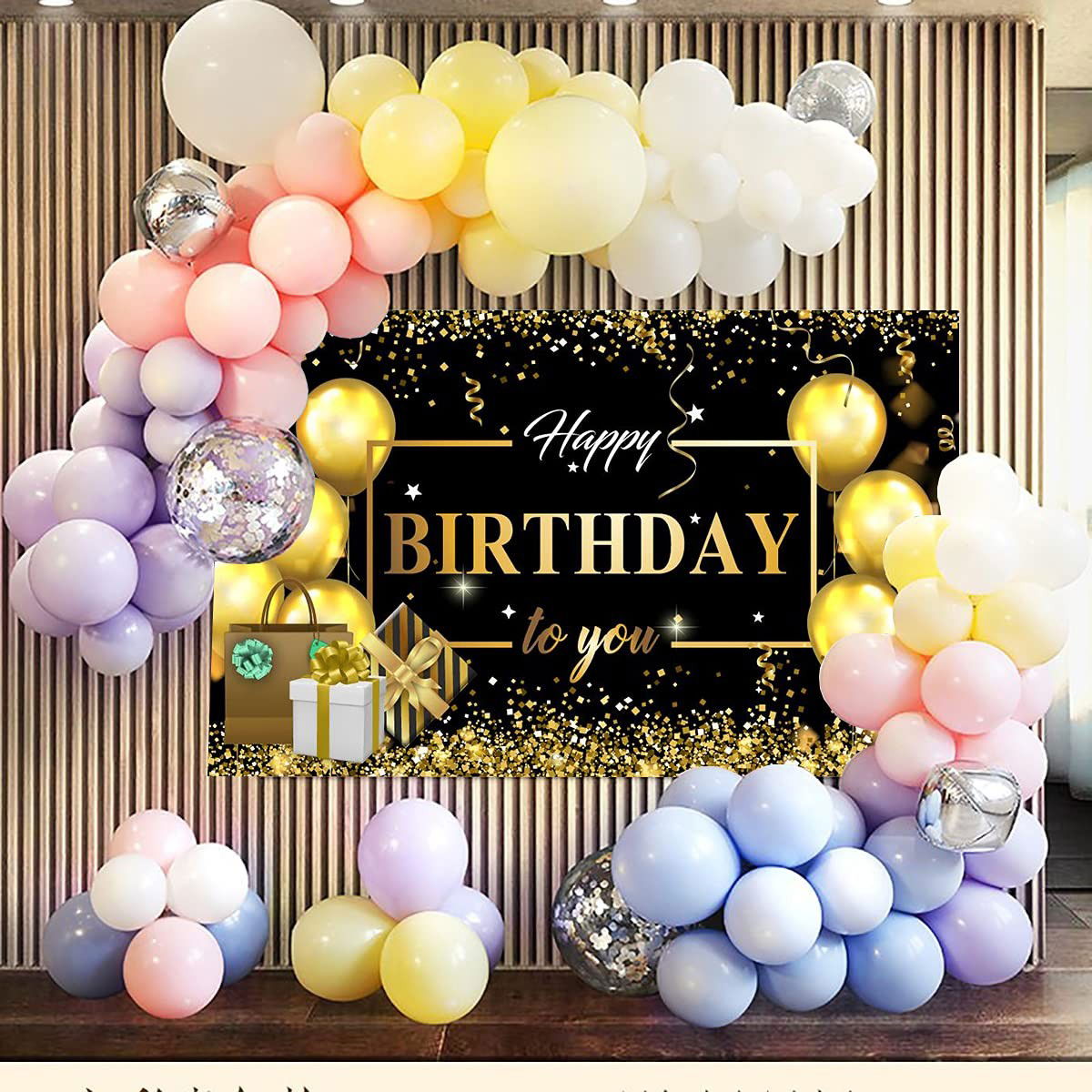Petrecere - Banner Tip Fundal pentru Poze, Flippy, din Panza, Model Happy Birthday to You, 185 x 110 cm, Sfoara 6 m, Prindere in 4 Colturi, Negru/Auriu