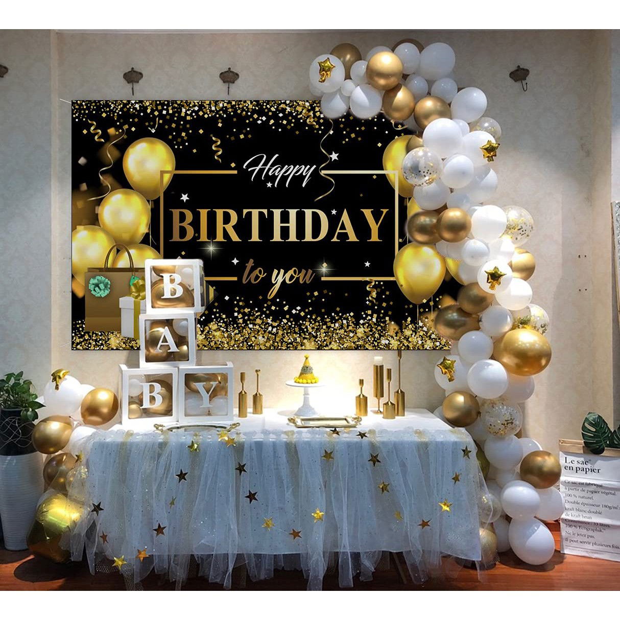 Banner Tip Fundal pentru Poze, Flippy, din Panza, Model Happy Birthday to You, 185 x 110 cm, Sfoara 6 m, Prindere in 4 Colturi, Negru/Auriu [3]