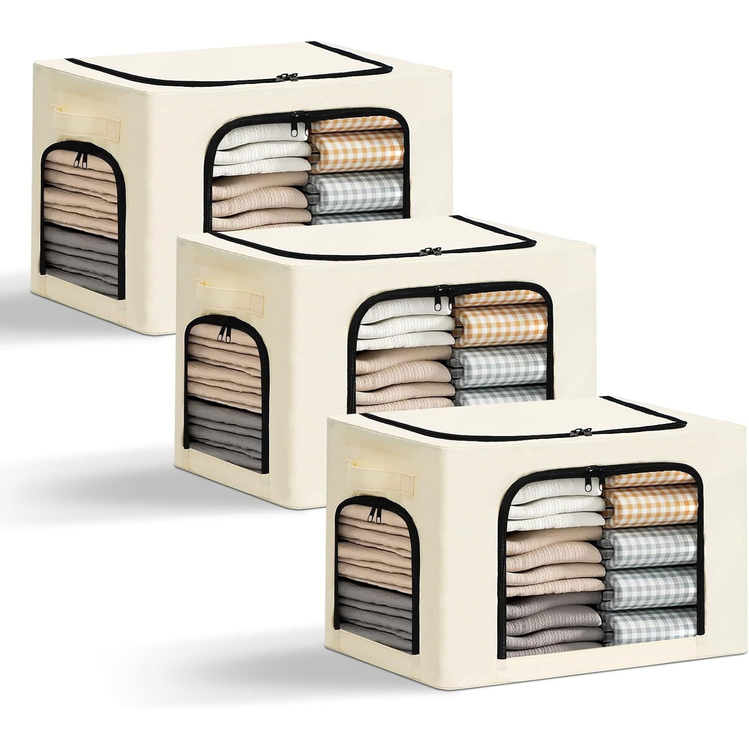 Cutii depozitare - Cutie de Depozitare, Flippy, cu 3 Ferestre cu Fermoar Bidirectional, Cadru din Otel, Impermeabil, 38L, 42 x 30 x 30 cm, Bej