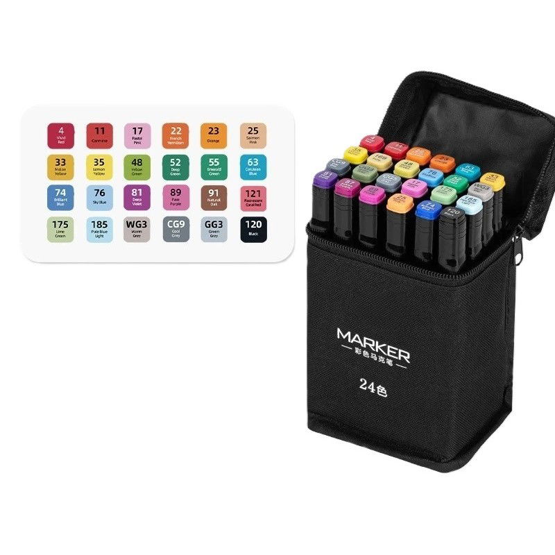 Markere si Set Desen - Set 24 Markere, Flippy, pe Baza de Ulei, Dublu Capat, Subtire 1mm si Gros 6 mm, Geanta Depozitare, 15 cm, Multicolor