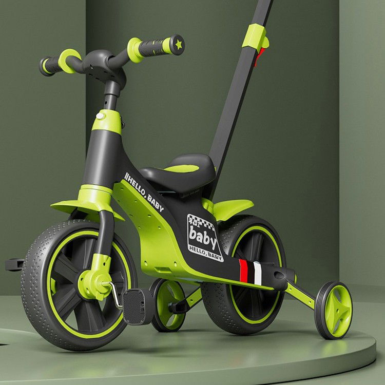 Triciclete - Bicicleta Multifunctionala pentru Copii, Flippy, 3 in 1 Bicicleta Troller Tricicleta, 2-6 ani, cu Roti Auxiliare, Ghidon si Scaun Reglabil, 93 x 78 x 43 cm, Negru Verde