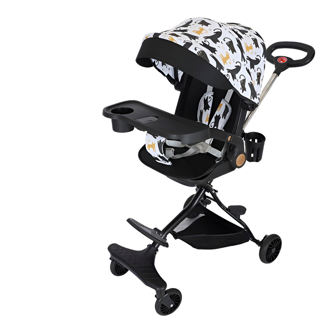Carucioare Copii - Carucior Sport Flippy 3in1, 6-36 Luni, Reversibil, Pliabil, Tavita pentru Masa, Pozitie de Somn, Centura de Siguranta, Roti 360, Suport Pahar, Copertina pentru Soare, 32x63x95cm, Negru Model Pisicute