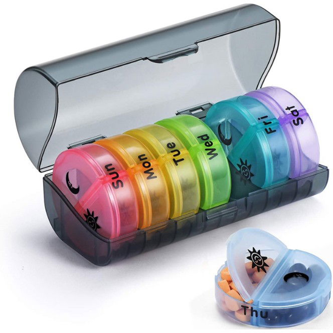 Pentru casa - Cutie Depozitare Medicamente, Flippy, 7 Zile, 14 Compartimente, Cutie Suport, Recipiente Detasabile, Portabila, Recipiente Colorate, Suport Negru, 17.5x11x9.5 cm