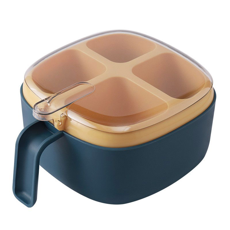 Pentru casa - Recipient pentru condimente Flippy, 4 casute, potrivit pentru sare, cimbru, piper, condimente, 4 lingurite din plastic, capac din plastic, maner, 14x14x8 cm, albastru