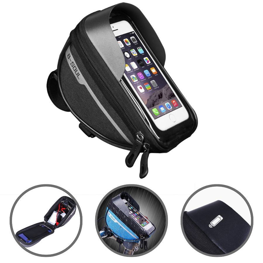 Suporţi Bicicletă - Borseta bicicleta impermeabila cu husa pentru telefon Flippy, montare pe ghidon, compatibila cu telefoane de pana la 16 cm, spatiu depozitare, 18.5x9.5 cm, negru