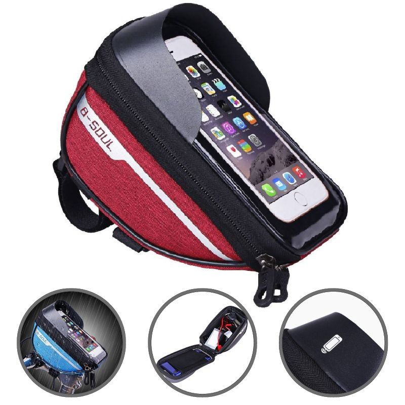 Suporţi Bicicletă - Borseta bicicleta impermeabila cu husa pentru telefon Flippy, montare pe ghidon, compatibila cu telefoane de pana la 16 cm, spatiu depozitare, 18.5x9.5 cm, rosu