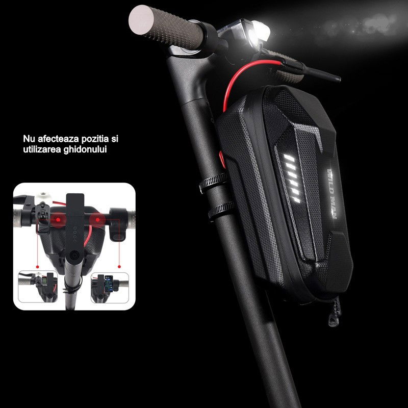 Borseta pentru bicicleta/trotineta Flippy, spatiu de depozitare, antisoc, waterproof, cu fermoar, 3L, material carbon si plastic dur, pentru trotineta electrica scuter, bicicleta, negru [5]