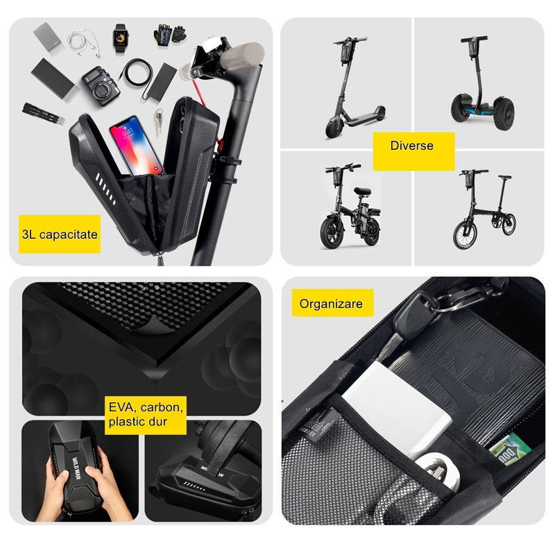 Borseta pentru bicicleta/trotineta Flippy, spatiu de depozitare, antisoc, waterproof, cu fermoar, 3L, material carbon si plastic dur, pentru trotineta electrica scuter, bicicleta, negru [6]