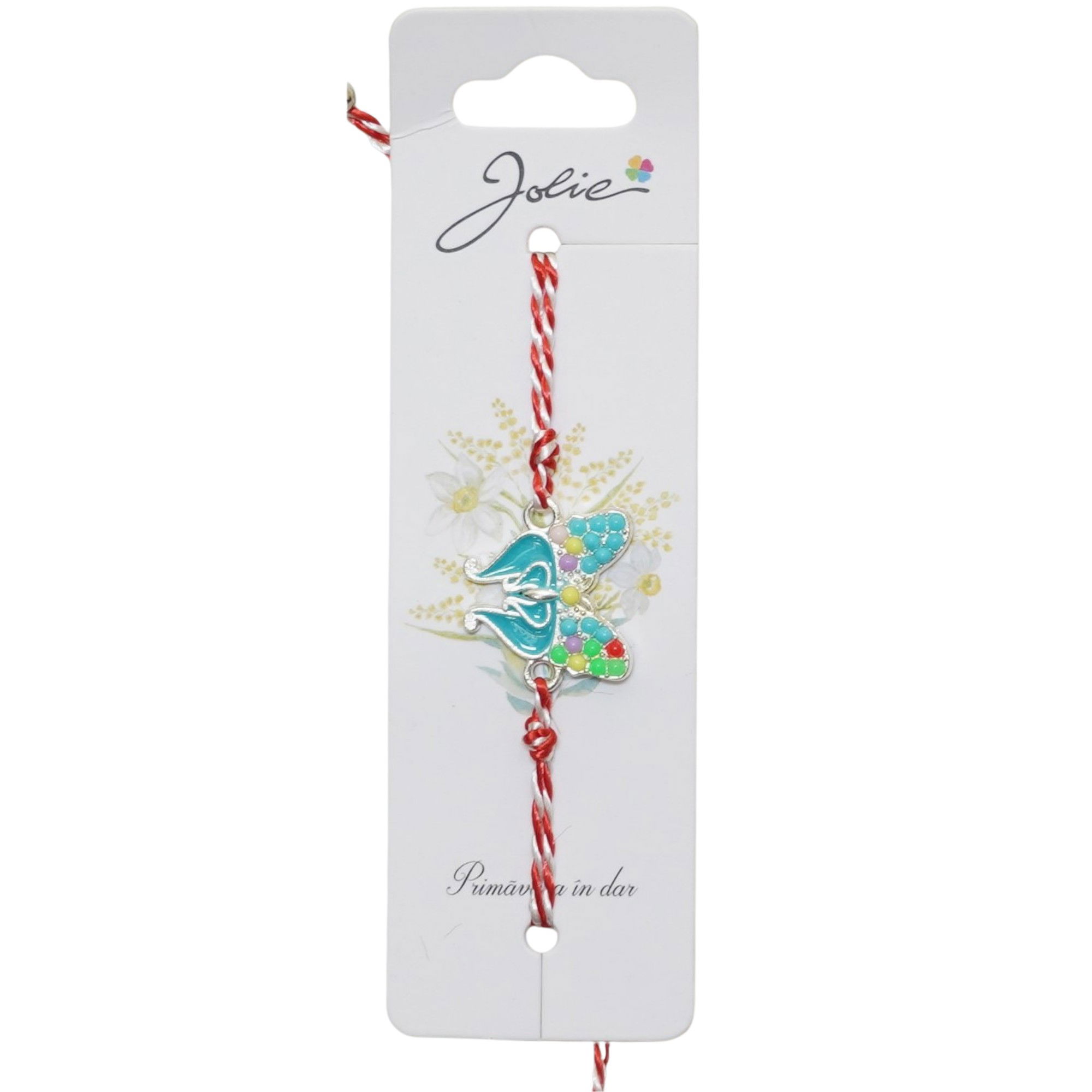 Martisor Bratara snur Alb-Rosu - Martisor Bratara Snur Alb-Rosu, Jolie, Pandantiv Metalic, Model Fluture Pietre si Email