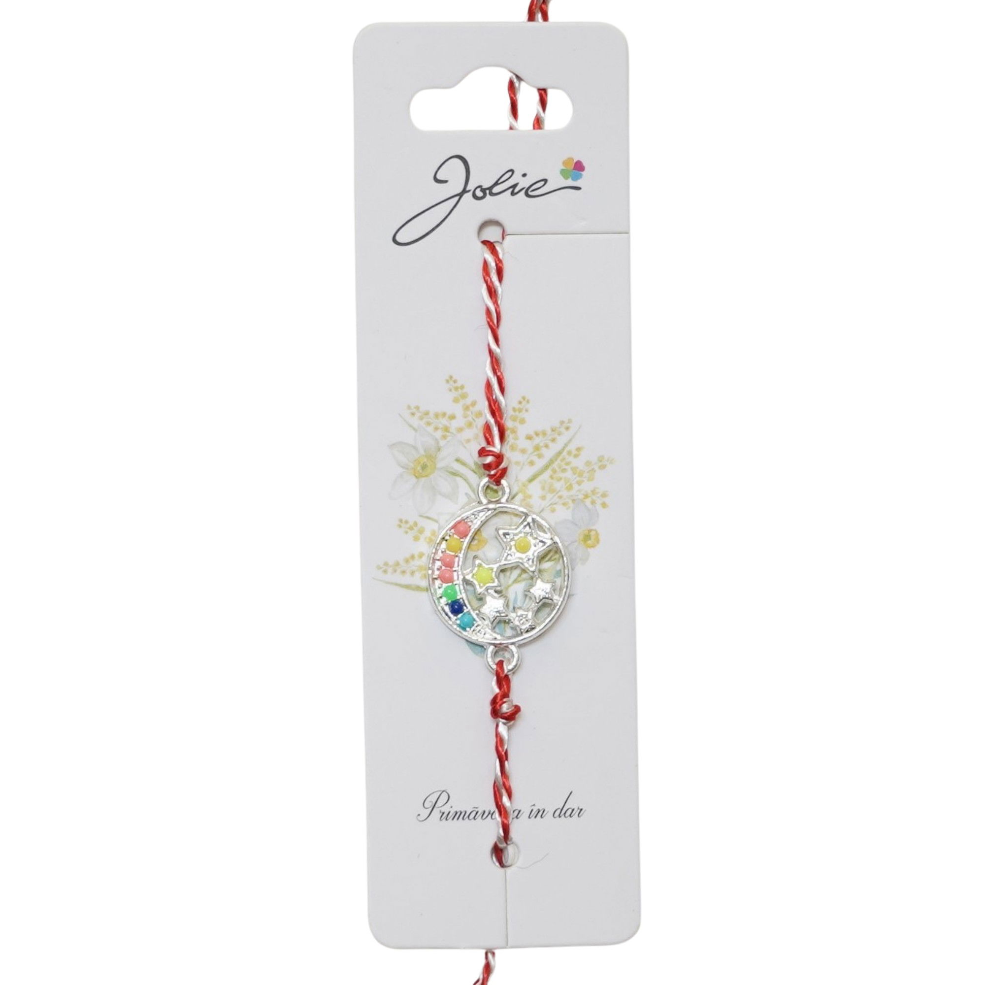 Martisor Bratara snur Alb-Rosu - Martisor Bratara Snur Alb-Rosu, Jolie, Pandantiv Metalic, Model Luna si Stele