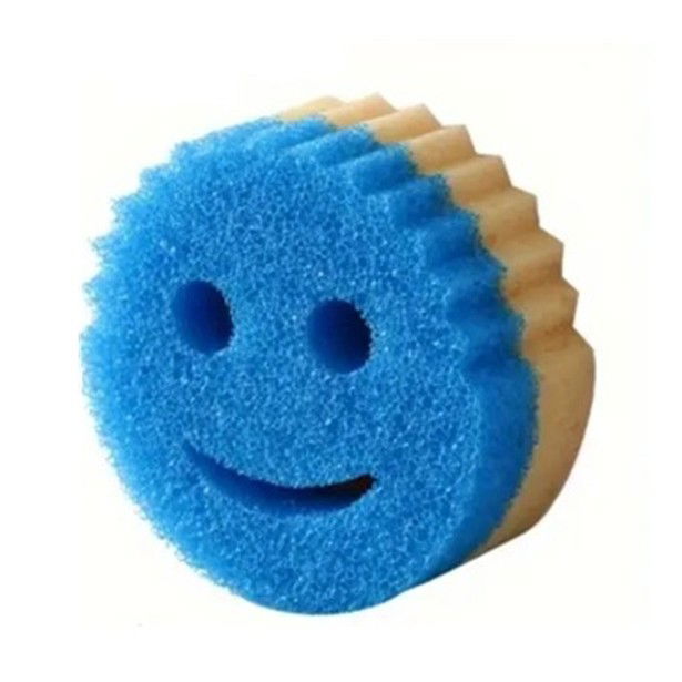 Pentru casa - Burete de Vase, Flippy, Rotund, din Burete PU, Model Smiley Face, Doua Fete, 10 x 4 cm, Albastru/Galben