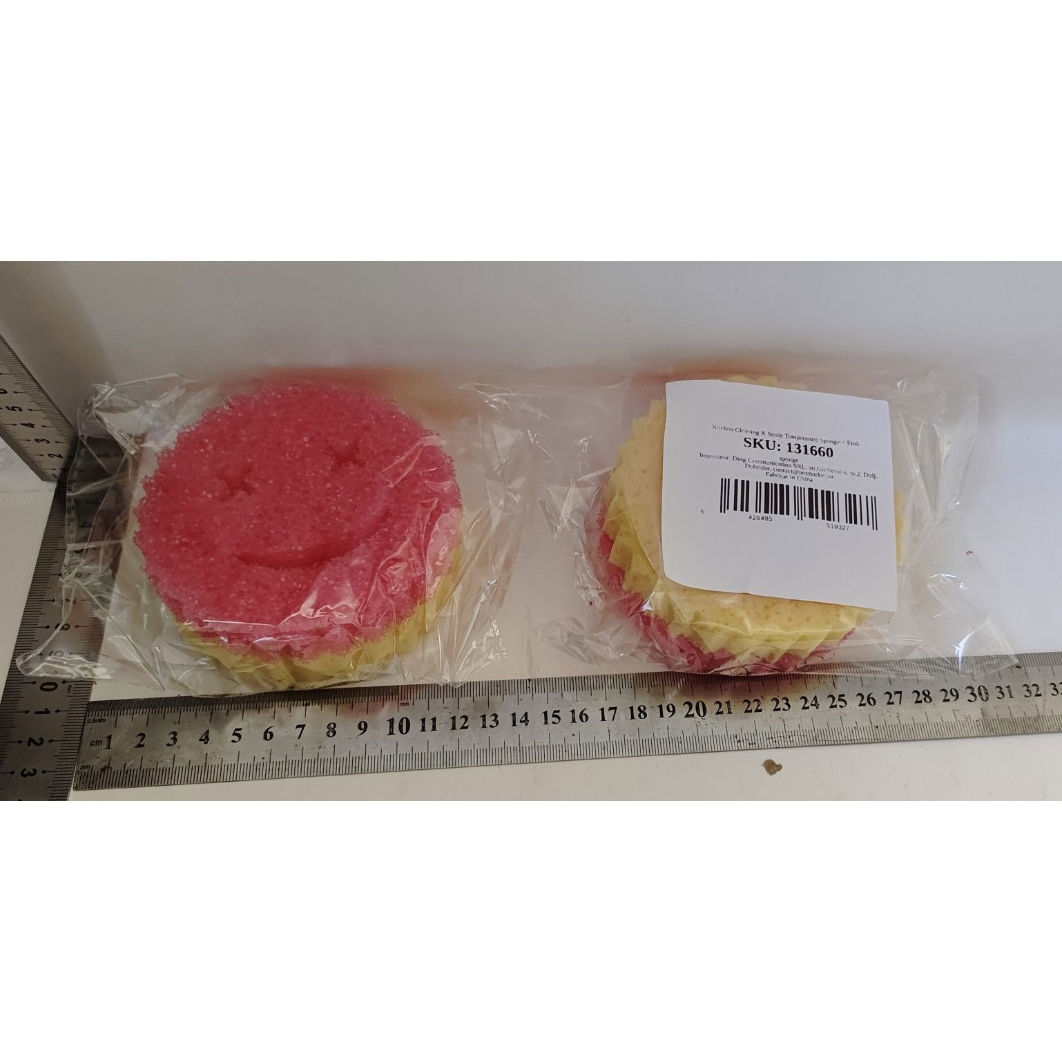 Pentru casa - Burete de Vase, Flippy, Rotund, din Burete PU, Model Smiley Face, Doua Fete, 10 x 4 cm, Roz/Galben