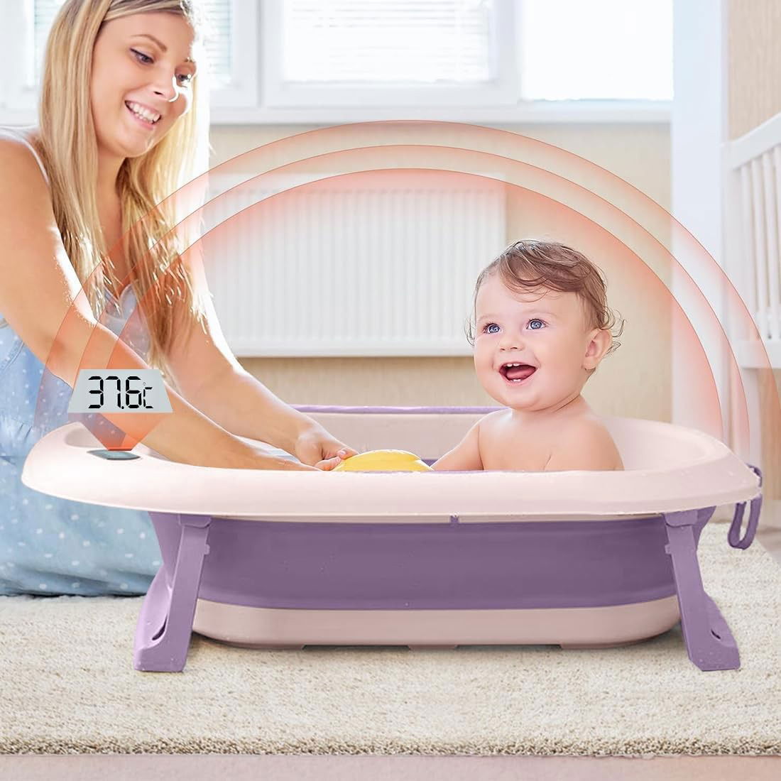 Pentru casa - Cada de Baie, Flippy, pentru Copii 0 luni - 6 Ani, cu Termometru, Pliabila, Perna Suport Inclusa, din Plastic, 81.5 x 49 x 21.5 cm, Mov