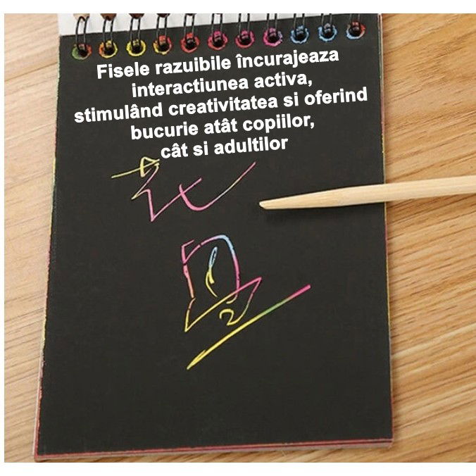Caiet cu fise razuibile Flippy, DIY Magic Scratch, 12 File, Curcubeu, Creion din Lemn, Cartonase negre, 14.2 x 9.8 cm, Portocaliu [6]