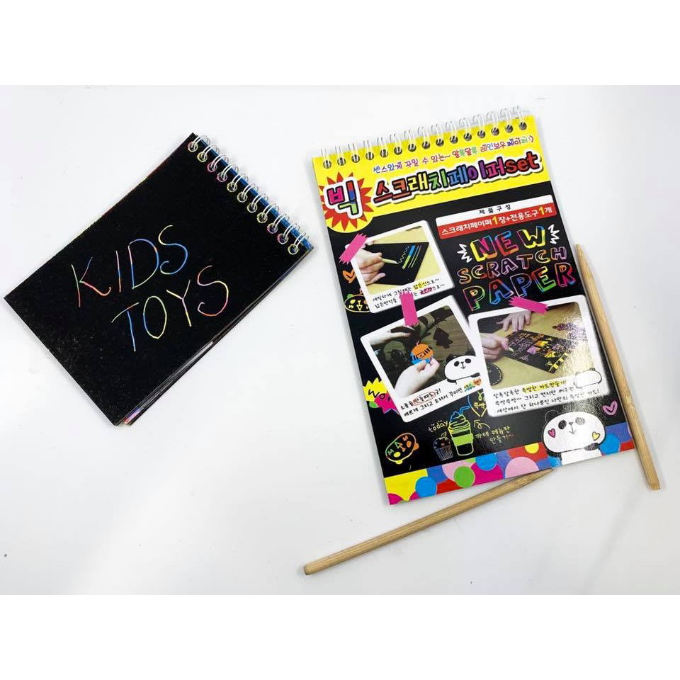 10 - 25 LEI - Caiet cu fise razuibile Flippy, DIY Magic Scratch, 12 File, Curcubeu, Creion din Lemn, Cartonase negre, A5, Multicolor