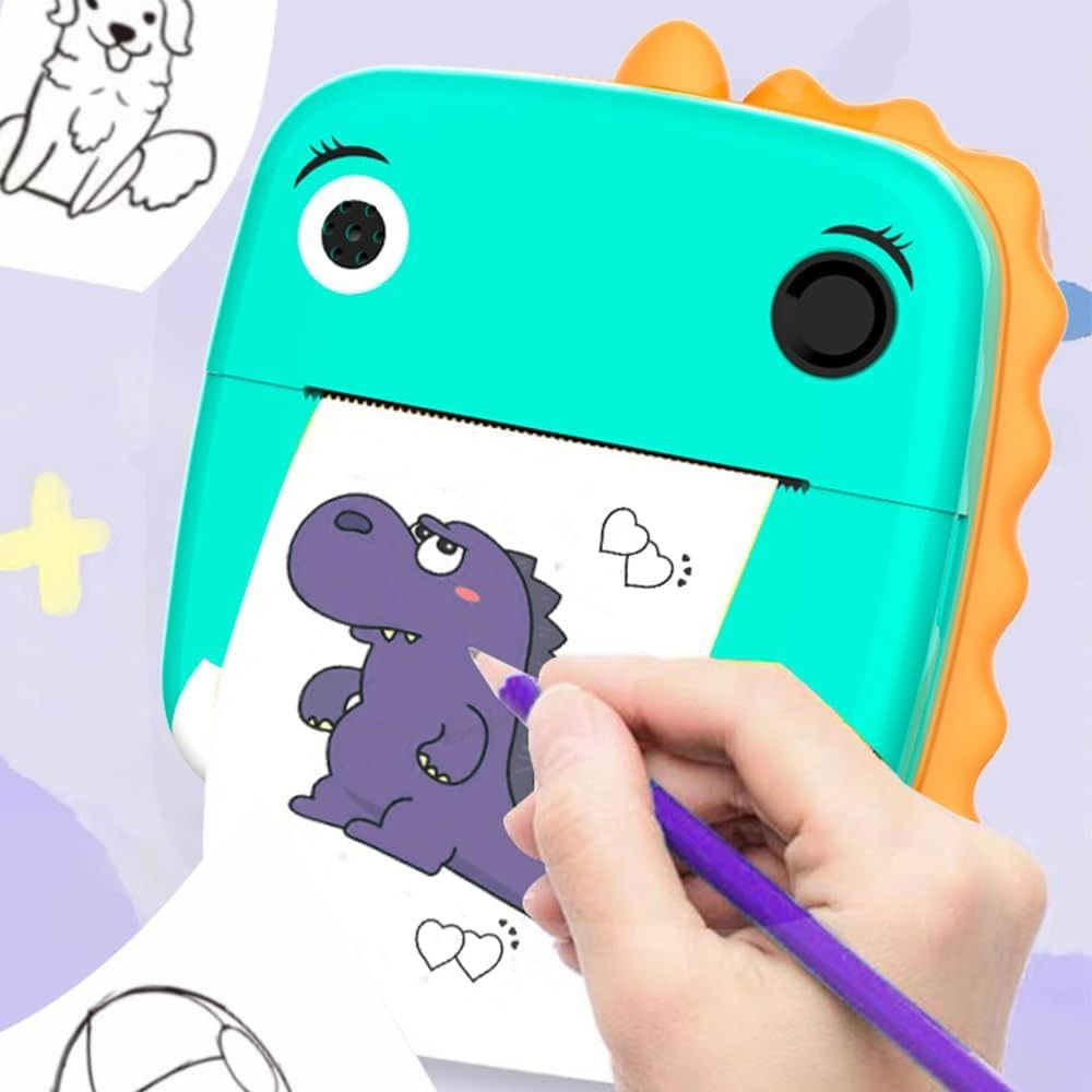 Jucarii si Jocuri - Camera Instantanee pentru Copii, Flippy, Camera Frontala + Selfie, cu Functie de Printare, Cablu USB-C, Bluetooth, Compatibil iOS/Android, Model Dinozaur, Snur Inclus, Verde