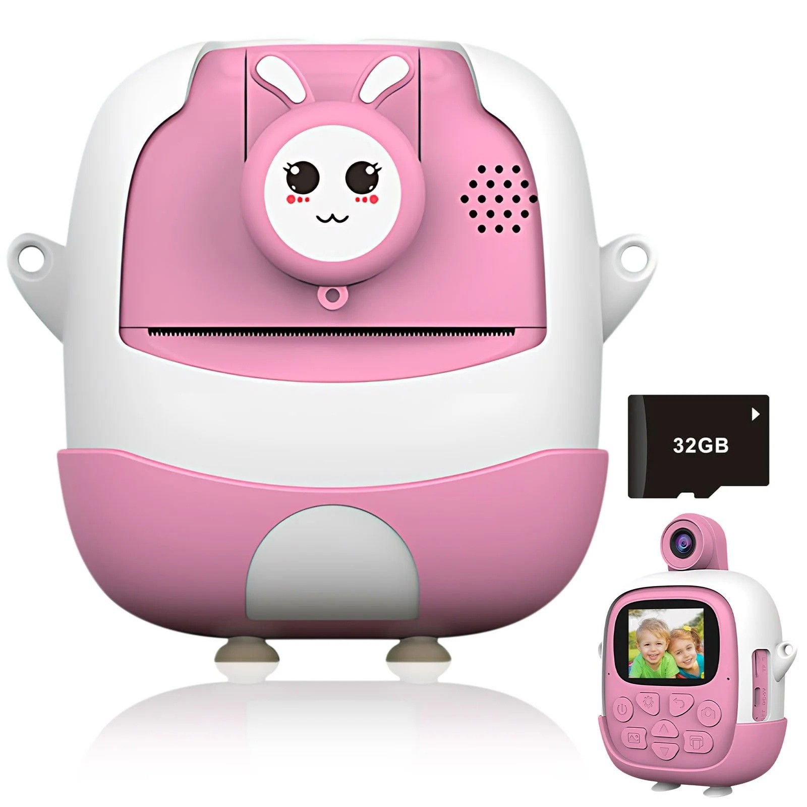 Jucarii si Jocuri - Camera Instantanee pentru Copii, Flippy, cu Functie de Printare, Cablu USB-C, Bluetooth, Compatibil iOS/Android, Camera Frontala + Selfie, Model Iepure, Snur Inclus, Roz