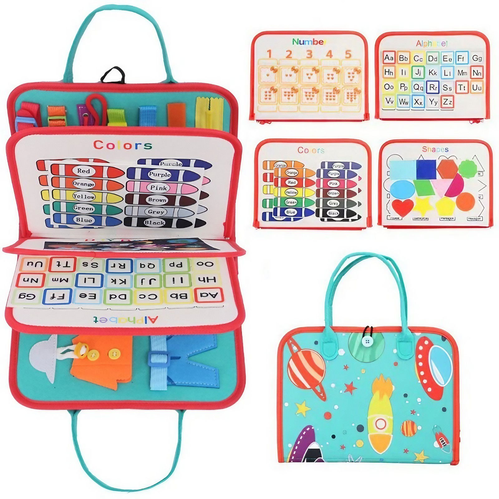 50 - 100 LEI - Carte Senzoriala Educativa Montessori, Flippy, cu Activitati, Dezvoltare Abilitati Motorii, 4 Pagini, Model Spatiu Cosmic, 28x22x7 cm, Albastru