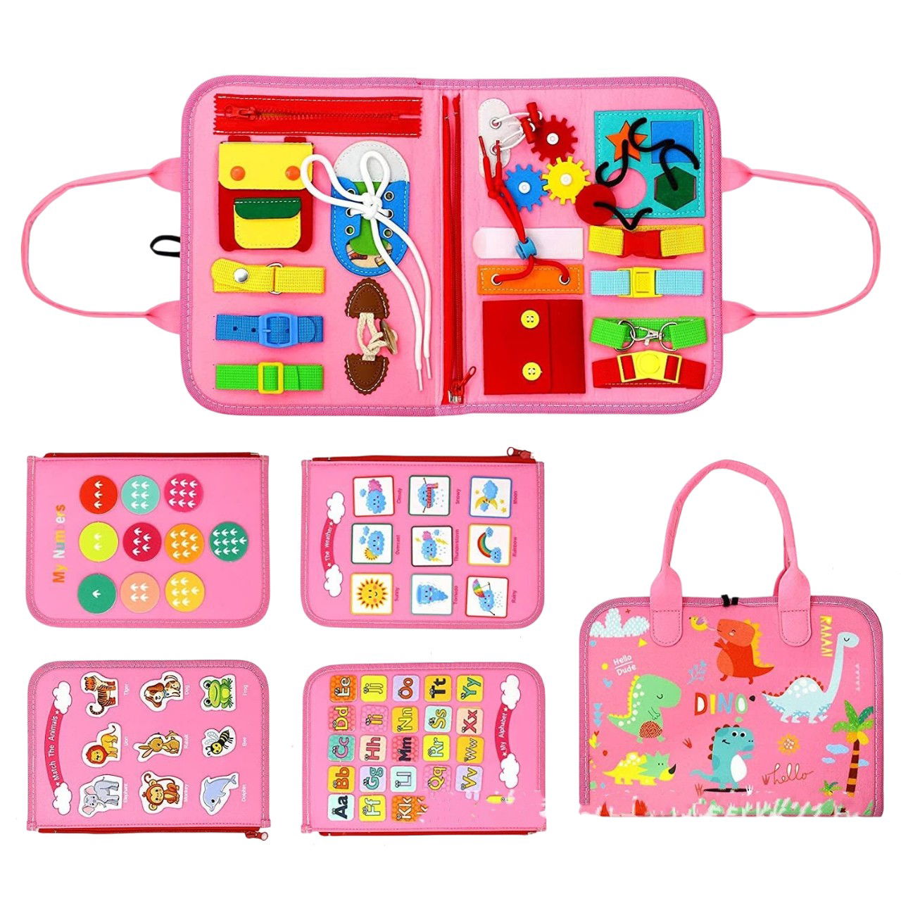 50 - 100 LEI - Carte Senzoriala Educativa Montessori 7in1, Flippy, 26 de Activitati, Dezvoltare Abilitati Motorii, 4 Pagini, Model Dinozauri, 28x22x7 cm, Roz