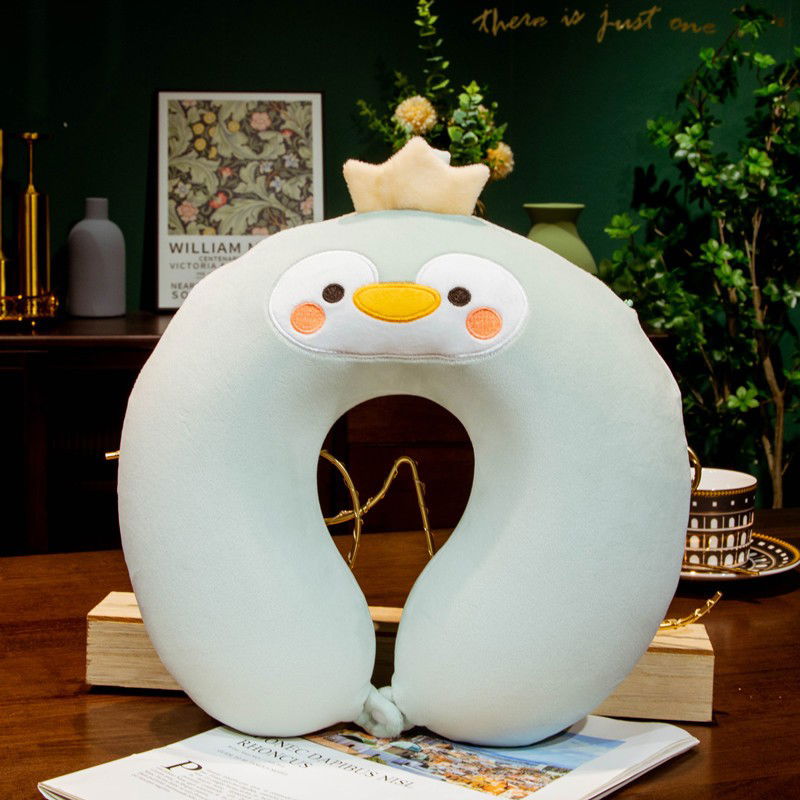 Perne Voiaj, Paturi si Textile - Perna de Calatorie in Forma de U, Flippy, Pentru Gat si Cap, Umplutura din Spuma cu Memorie, 30x30 cm, Model Pinguin, Accesoriu de Voiaj, Birou, Masina, Sistem Prindere Capse, Verde