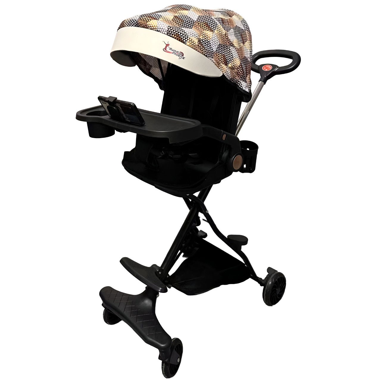 Carucioare Copii - Carucior Sport Flippy 3in1, 6-36 Luni, Reversibil, Pliabil, Tavita pentru Masa, Pozitie de Somn, Centura de Siguranta, Roti 360, Suport Pahar, Copertina pentru Soare, 32x63x95cm, Maro Model Carouri