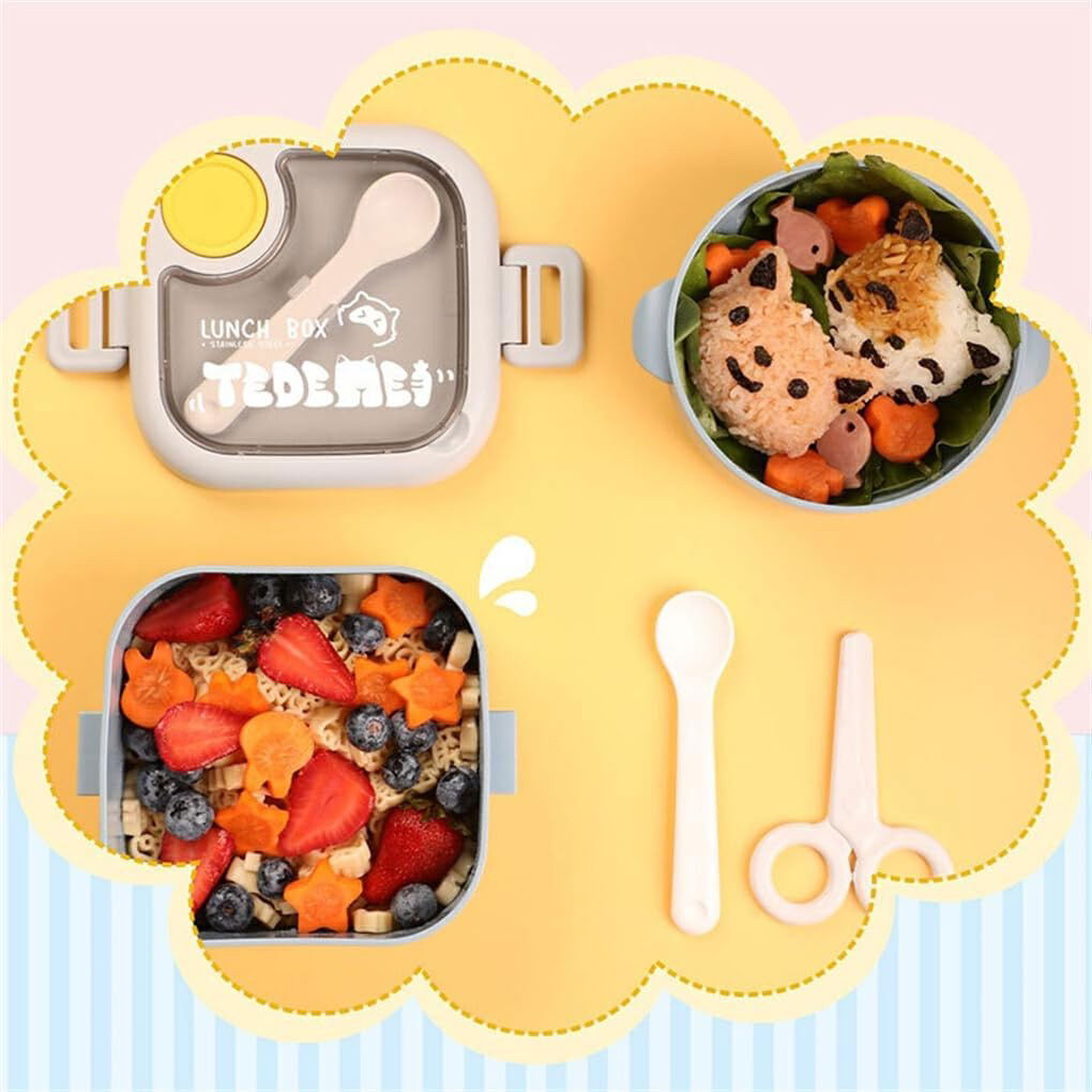 Caserola pentru copii Flippy, lunch box, 750 ml, doua boluri, lingura, foarfeca din plastic, rezistenta la scurgeri, Albastra [8]