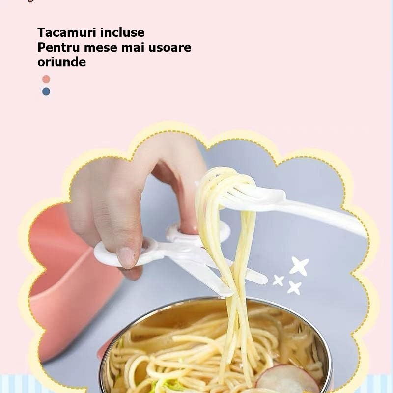 Caserola pentru copii Flippy, lunch box, 750 ml, doua boluri, lingura, foarfeca din plastic, rezistenta la scurgeri, Roz [5]