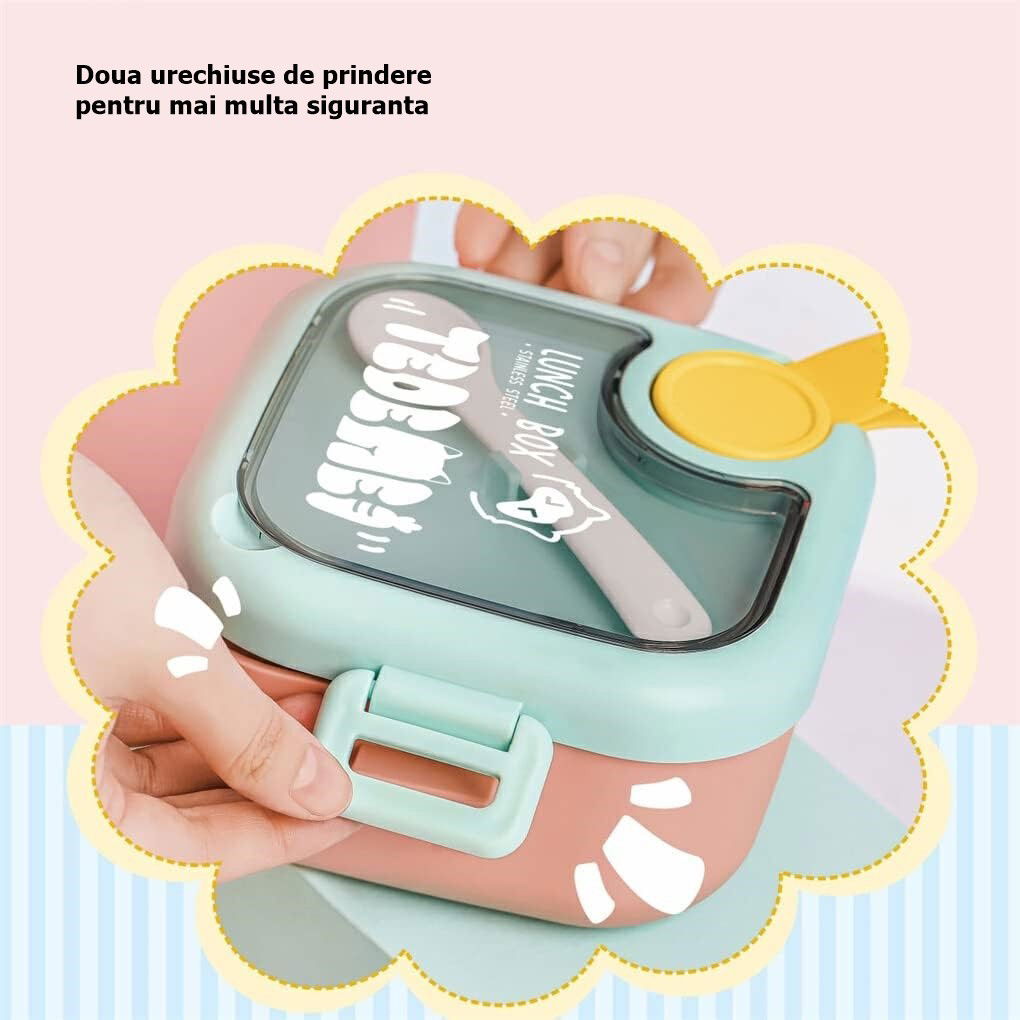 Caserola pentru copii Flippy, lunch box, 750 ml, doua boluri, lingura, foarfeca din plastic, rezistenta la scurgeri, Roz [4]