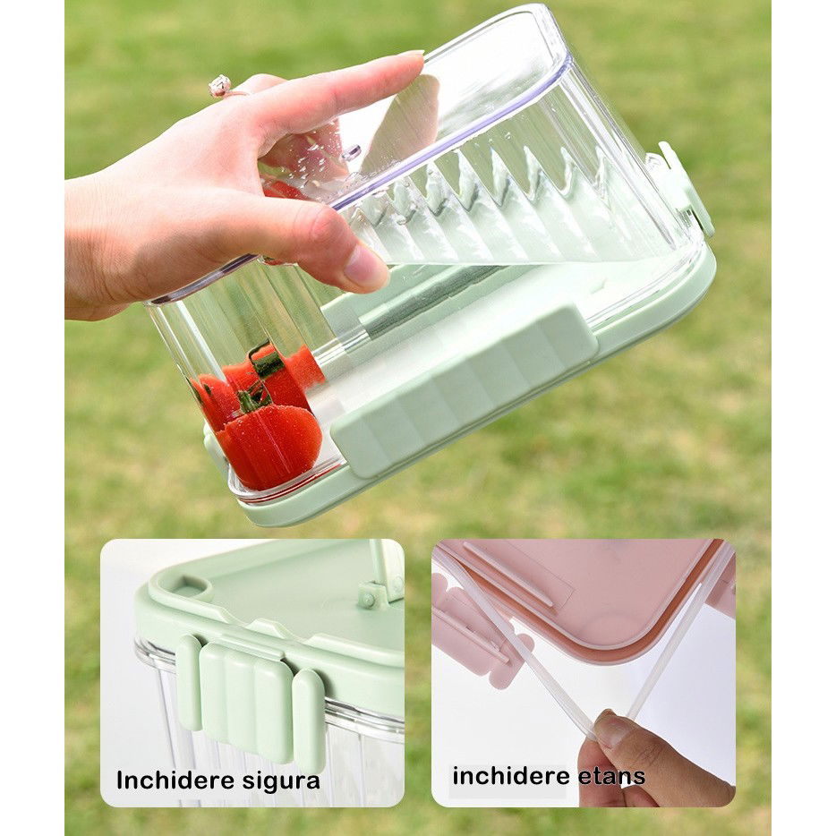 Caserola portabila pentru mancare fresh Flippy, 1500 ml, 2 furculite,10 x 13.5 x 20 cm, 2 capace detasabile pentru congelator, etans, spatiu pentru tacamuri, maner, material plastic, rezistent la temp [6]