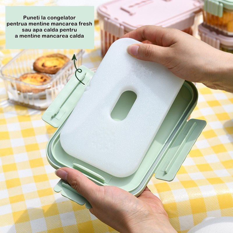 Caserola portabila pentru mancare fresh Flippy, 1500 ml, 2 furculite,10 x 13.5 x 20 cm, 2 capace detasabile pentru congelator, etans, spatiu pentru tacamuri, maner, material plastic, rezistent la temp [3]