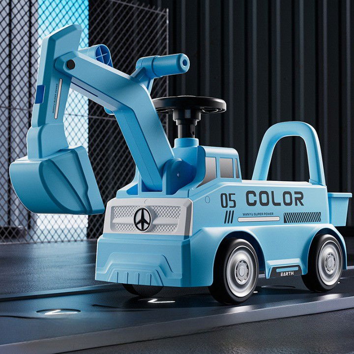 Jucarii - Excavator Manual pentru copii, Flippy, 3 ani, Sport, Claxon, Cutie Depozitare, Lumini, Scaun, 62x26x47 cm, Albastru