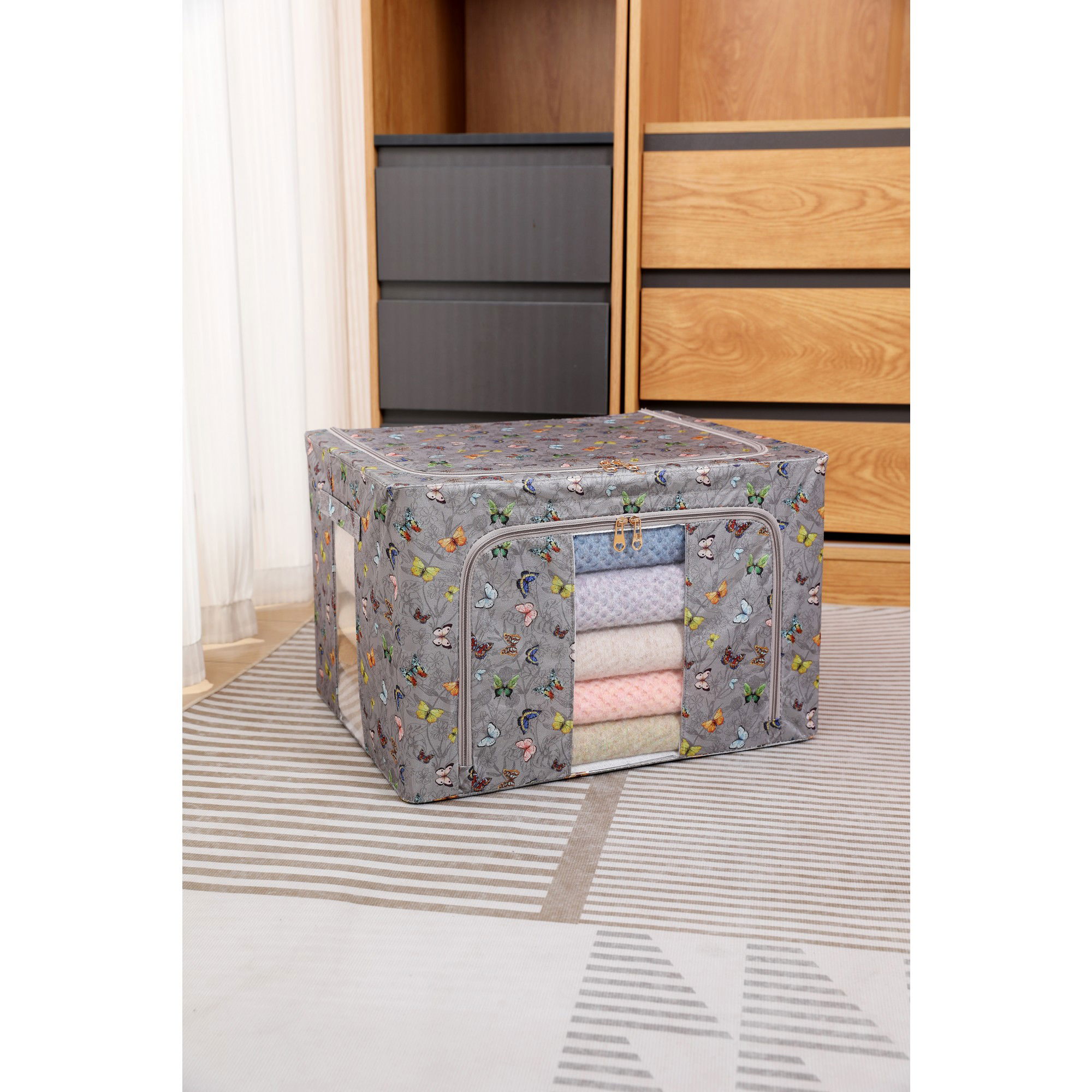 Cutie Depozitare, Flippy, 66L, din Material Textil, 50 x 40 x 33 cm, pentru Haine si Lenjerii, Model Fluturasi, Gri Inchis [3]