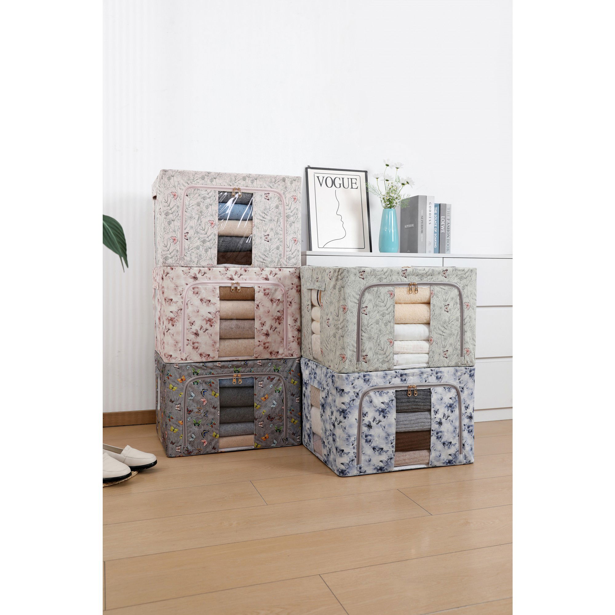 Pentru casa - Cutie Depozitare, Flippy, 66L, din Material Textil, 50 x 40 x 33 cm, pentru Haine si Lenjerii, Model Fluturasi, Gri Inchis