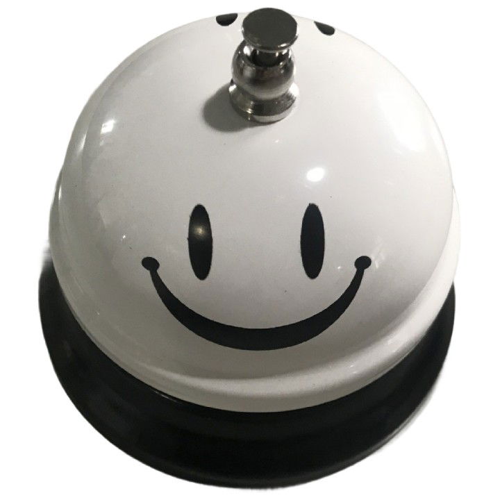 Pentru casa - Clopotel Metalic Multifunctional, Flippy, Alb cu Imprimeu Smiley Face, 7.5x7.5x6.5 cm, Receptie, Restaurant, Cafenele