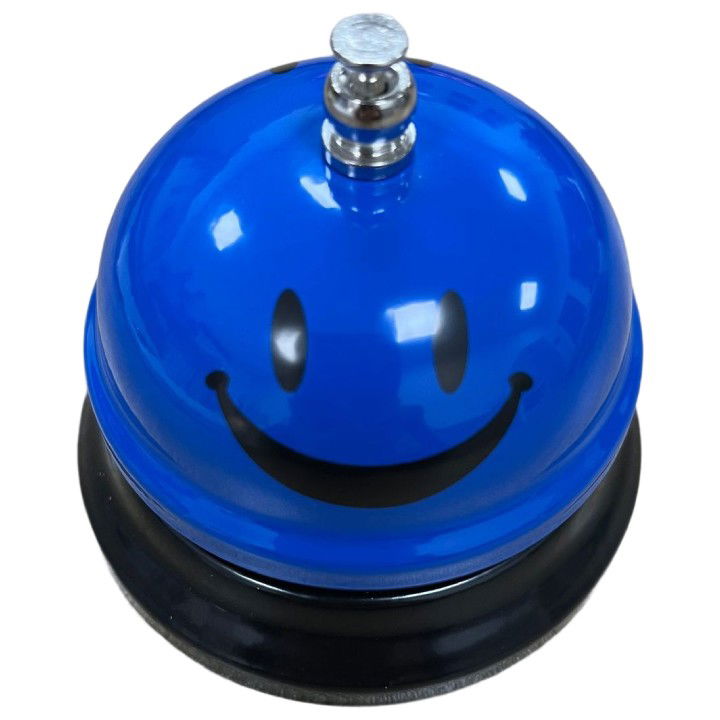 Pentru casa - Clopotel Metalic Multifunctional, Flippy, Albastru cu Imprimeu Smiley Face, 7.5x7.5x6.5 cm, Receptie, Restaurant, Cafenele