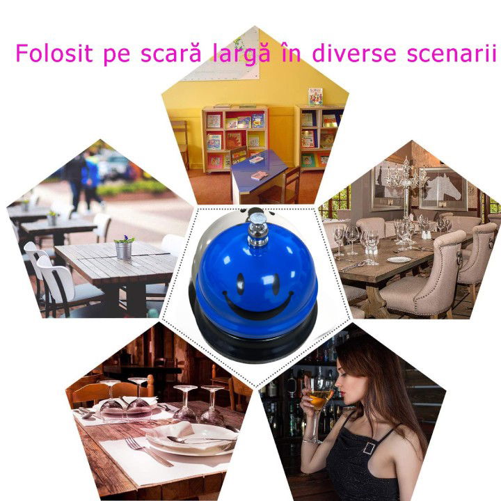 Clopotel Metalic Multifunctional, Flippy, Albastru cu Imprimeu Smiley Face, 7.5x7.5x6.5 cm, Receptie, Restaurant, Cafenele [5]