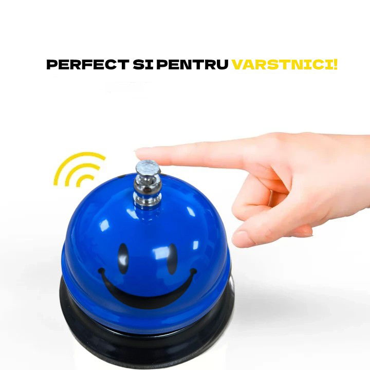 Clopotel Metalic Multifunctional, Flippy, Albastru cu Imprimeu Smiley Face, 7.5x7.5x6.5 cm, Receptie, Restaurant, Cafenele [4]