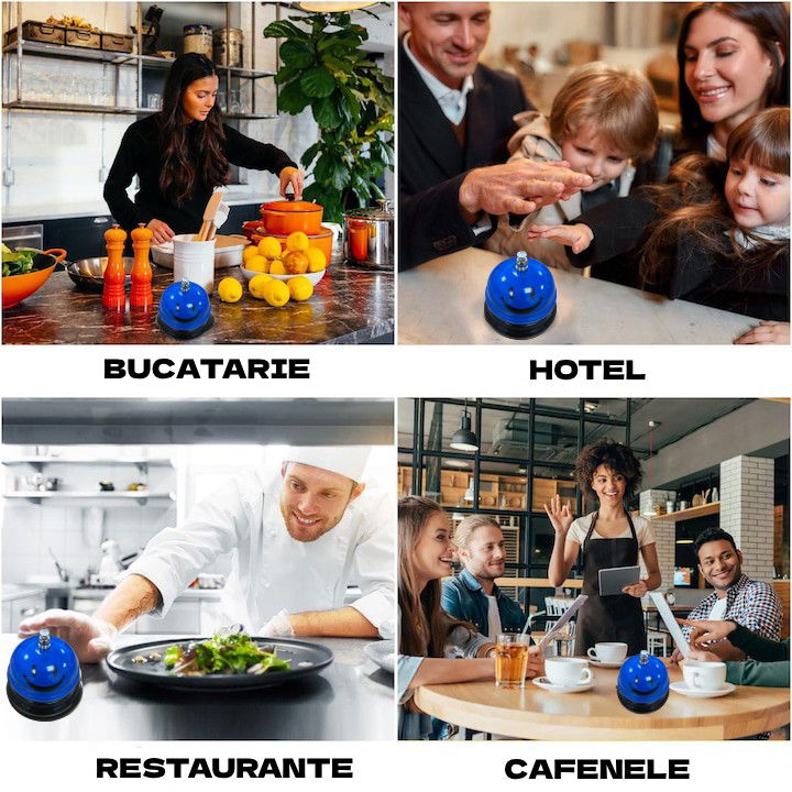 Pentru casa - Clopotel Metalic Multifunctional, Flippy, Albastru cu Imprimeu Smiley Face, 7.5x7.5x6.5 cm, Receptie, Restaurant, Cafenele