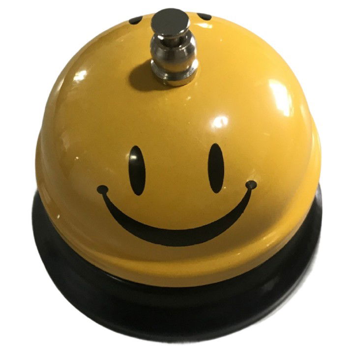 Pentru casa - Clopotel Metalic Multifunctional, Flippy, Galben cu Imprimeu Smiley Face, 7.5x7.5x6.5 cm, Receptie, Restaurant, Cafenele
