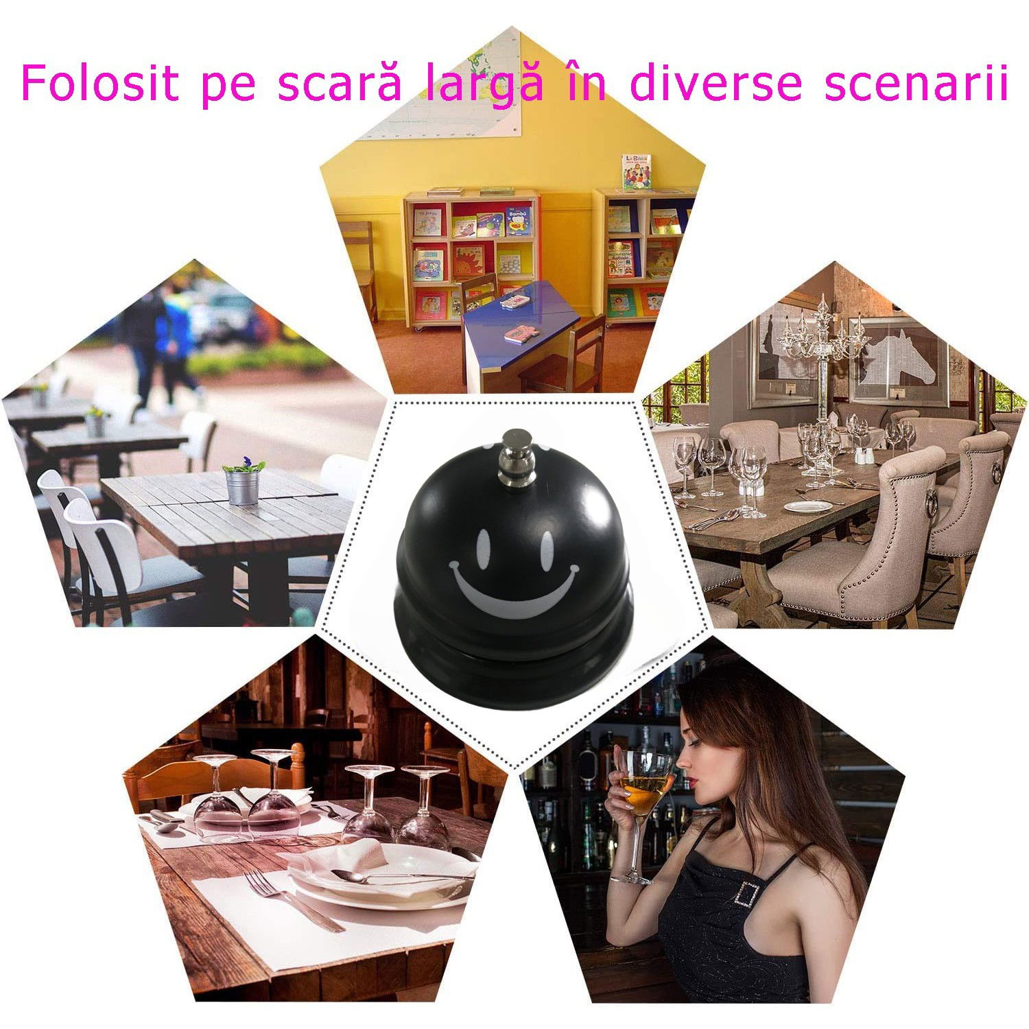 Clopotel Metalic Multifunctional, Flippy, Negru cu Imprimeu Smiley Face, 7.5x7.5x6.5 cm, Receptie, Restaurant, Cafenele [5]
