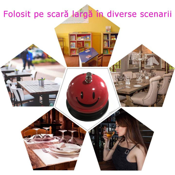 Clopotel Metalic Multifunctional, Flippy, Rosu cu Imprimeu Smiley Face, 7.5x7.5x6.5 cm, Receptie, Restaurant, Cafenele [5]