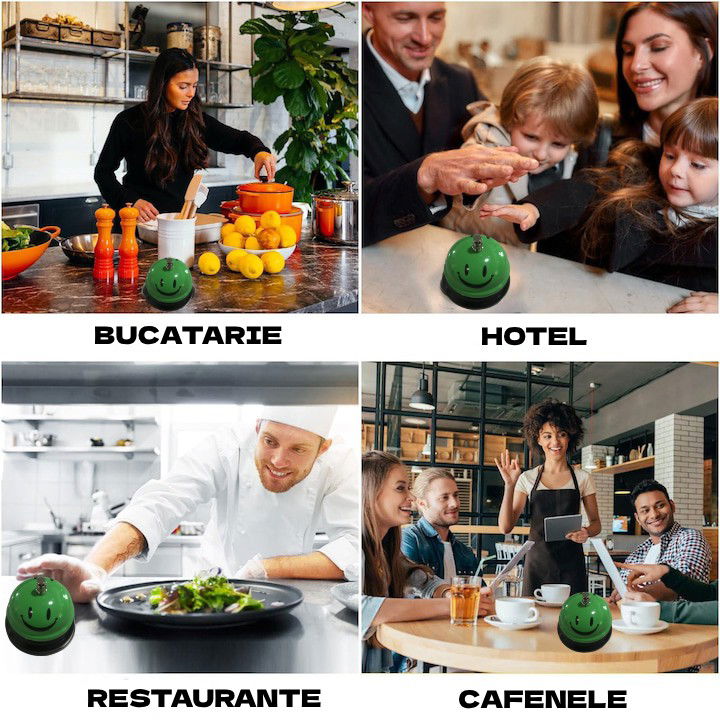 Pentru casa - Clopotel Metalic Multifunctional, Flippy, Verde cu Imprimeu Smiley Face, 7.5x7.5x6.5 cm, Receptie, Restaurant, Cafenele