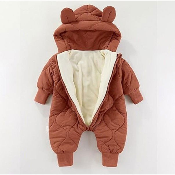 50 - 100 LEI - Combinezon de Iarna, Flippy, pentru Bebelusi, din Bumbac, cu Urechi, Mansete Elastice, Unisex, 66 cm, Visiniu