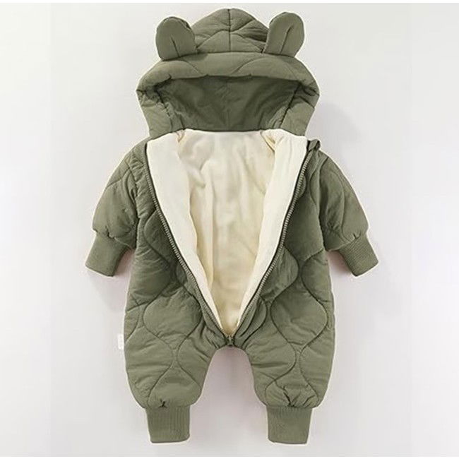 50 - 100 LEI - Combinezon de Iarna, Flippy, pentru Bebelusi, din Bumbac, cu Urechi, Mansete Elastice, Unisex, 66 cm, Verde